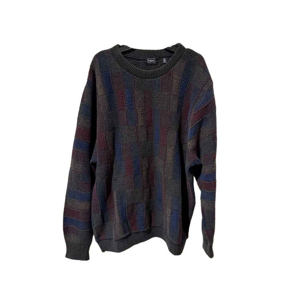 Haggar Mens Vintage Patchwork Knit Crewneck Sweater Deep Wine Marl  Large